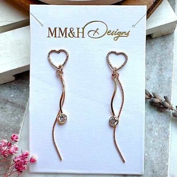 Sparkly Heart Stud Long Dangle Earrings with Cubic Zirconia | Handmade in BC - Picture 5 of 5